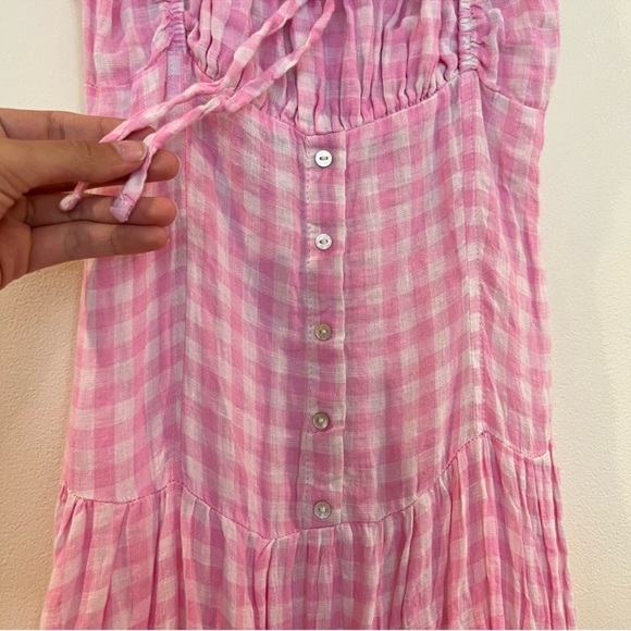 Frankie's Bikinis Christabelle 100% Linen Pink Gingham Smocked Maxi Dress Large - Picture 5 of 10